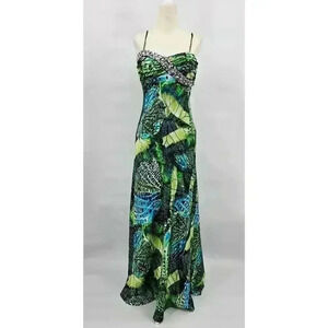 Y2K Deb Women's 9/10 Green & Blue Butterfly Maxi Dress w/Jewel Detail *Read Desc